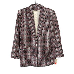 Vintage 90s Camdan Place Tweed Blazer Jacket Sz 10 Red Blue Plaid Deadstock NEW
